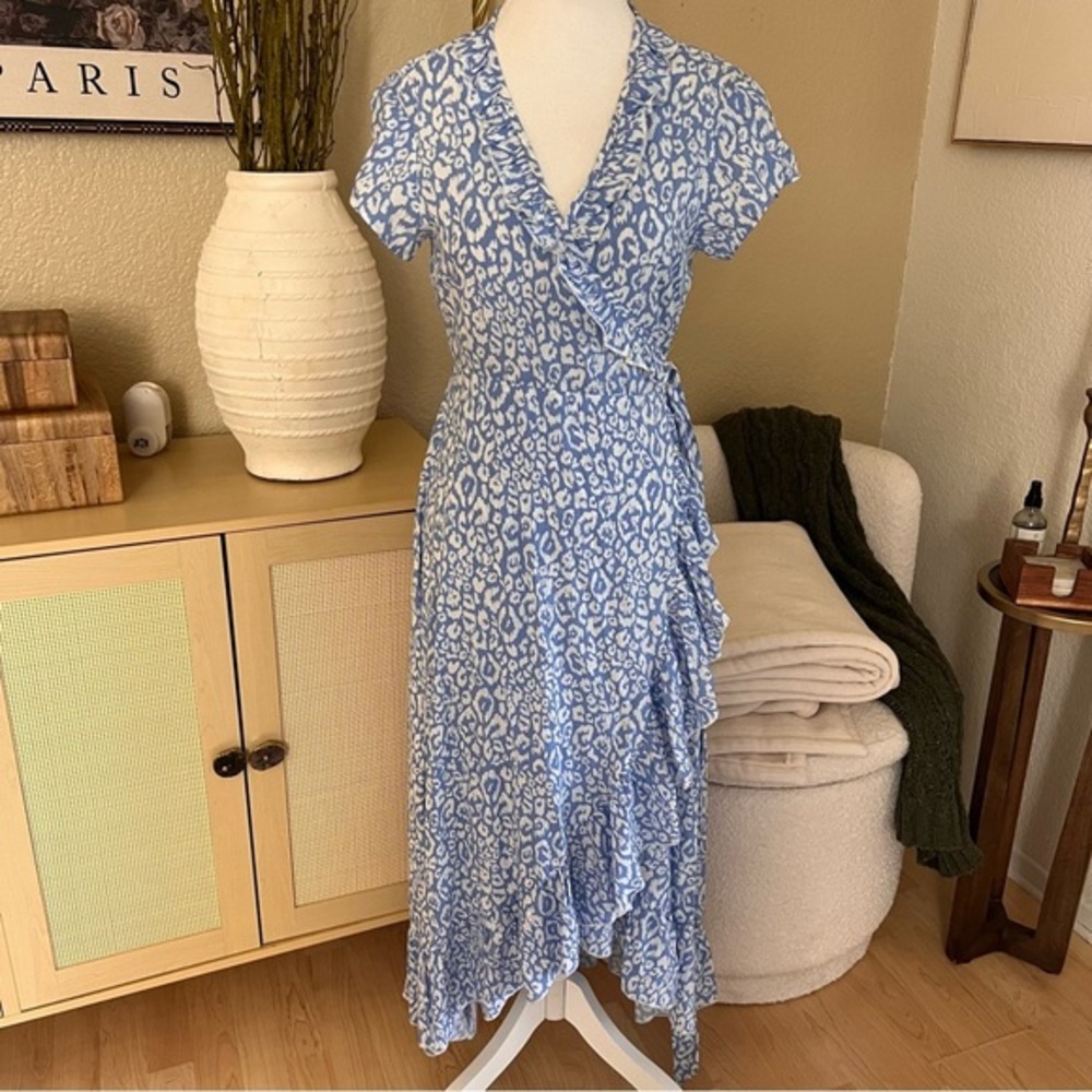 ASPIGA Blue Cheetah Demi Cotton Wrap‎ Dress Women Size Small
